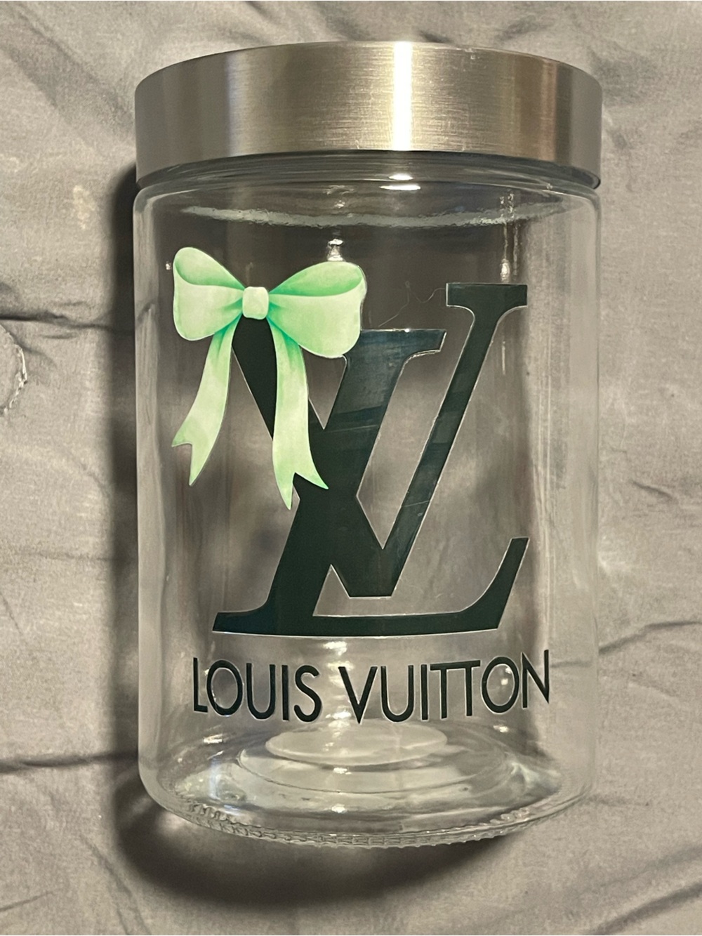 Decal Design Tall Clear Glass Jar with Dark Green Monogram and Light Green Bow